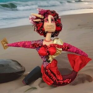 Mermaid Large 17" Seawitch Red Textile Art Nautical Decor Wall Art Unique